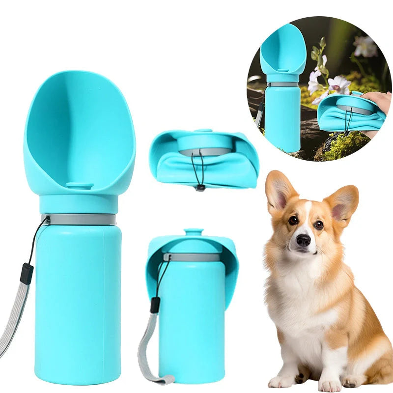 Foldable pet water bottle in blue and grey with leak-proof seal, 550ml capacity
