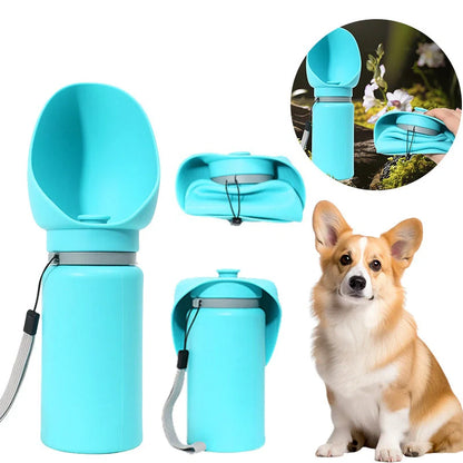 Foldable pet water bottle in blue and grey with leak-proof seal, 550ml capacity