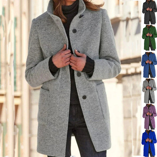 Fashionable wool coat with stand collar and pockets for women's fall/winter outerwear