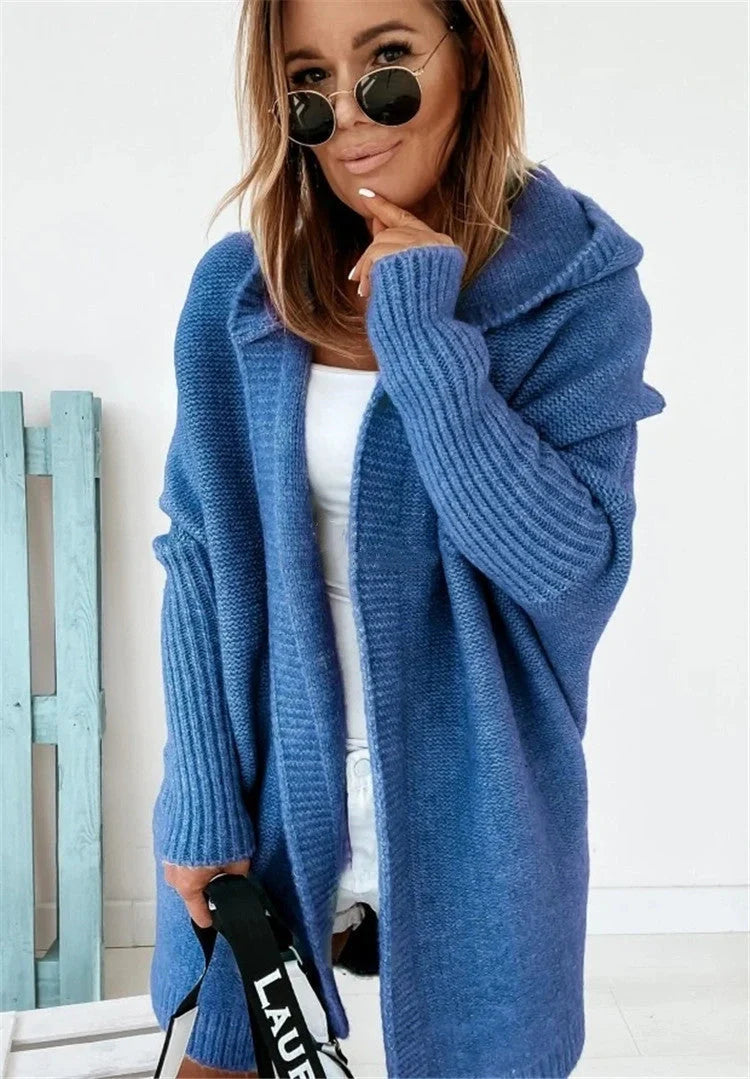 Women's bat sleeve hooded cardigan in sheep wool blend, available in multiple colours
