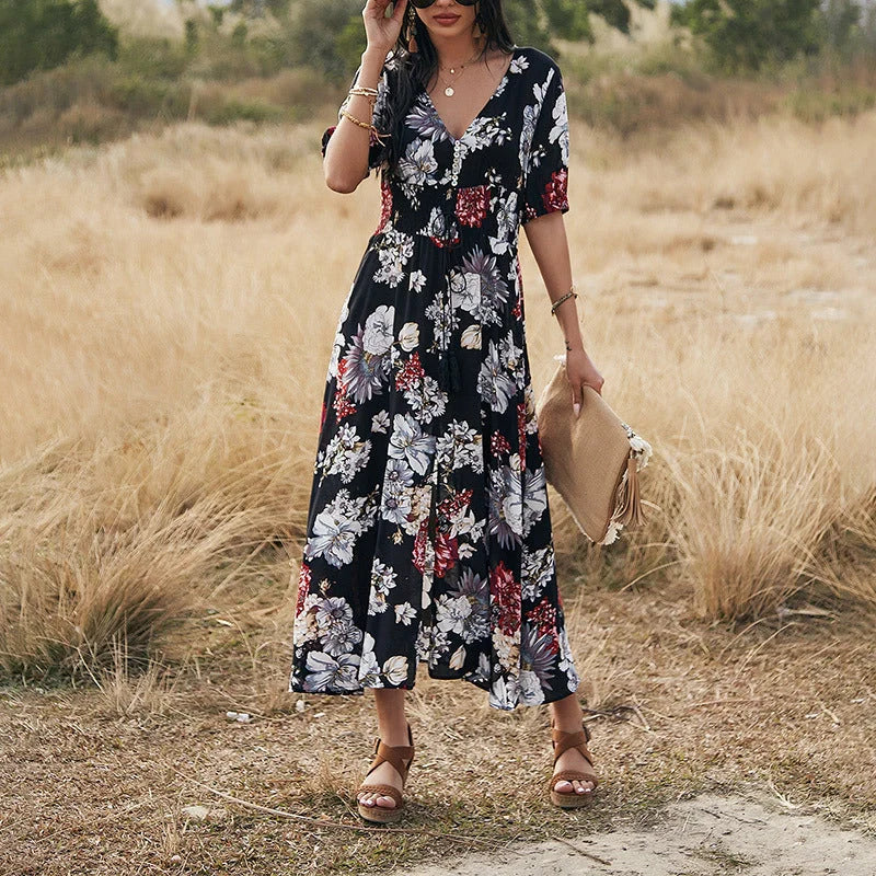 Floral summer beach dress with V-neck and elastic waist for women