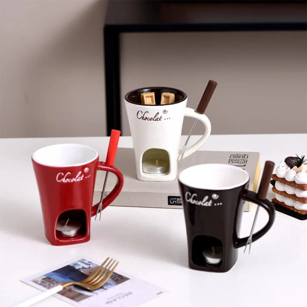 Ceramic fondue set with individual pots for making chocolate, cheese or ice cream fondues at home