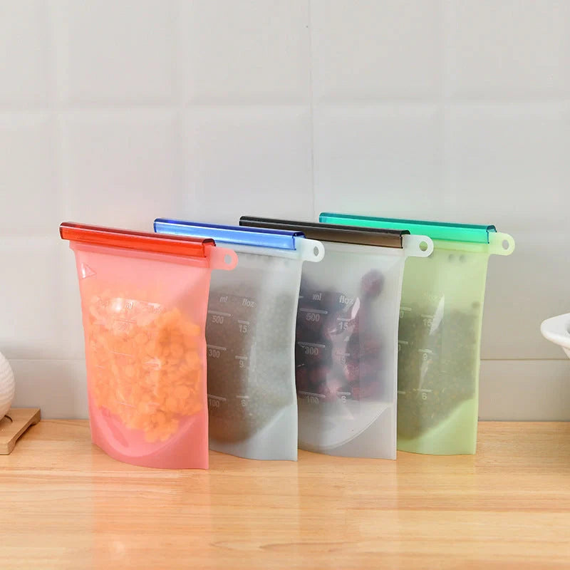 Edible silicone kitchen storage bags in various colours with vacuum seal