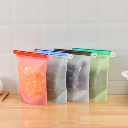 Edible silicone kitchen storage bags in various colours with vacuum seal
