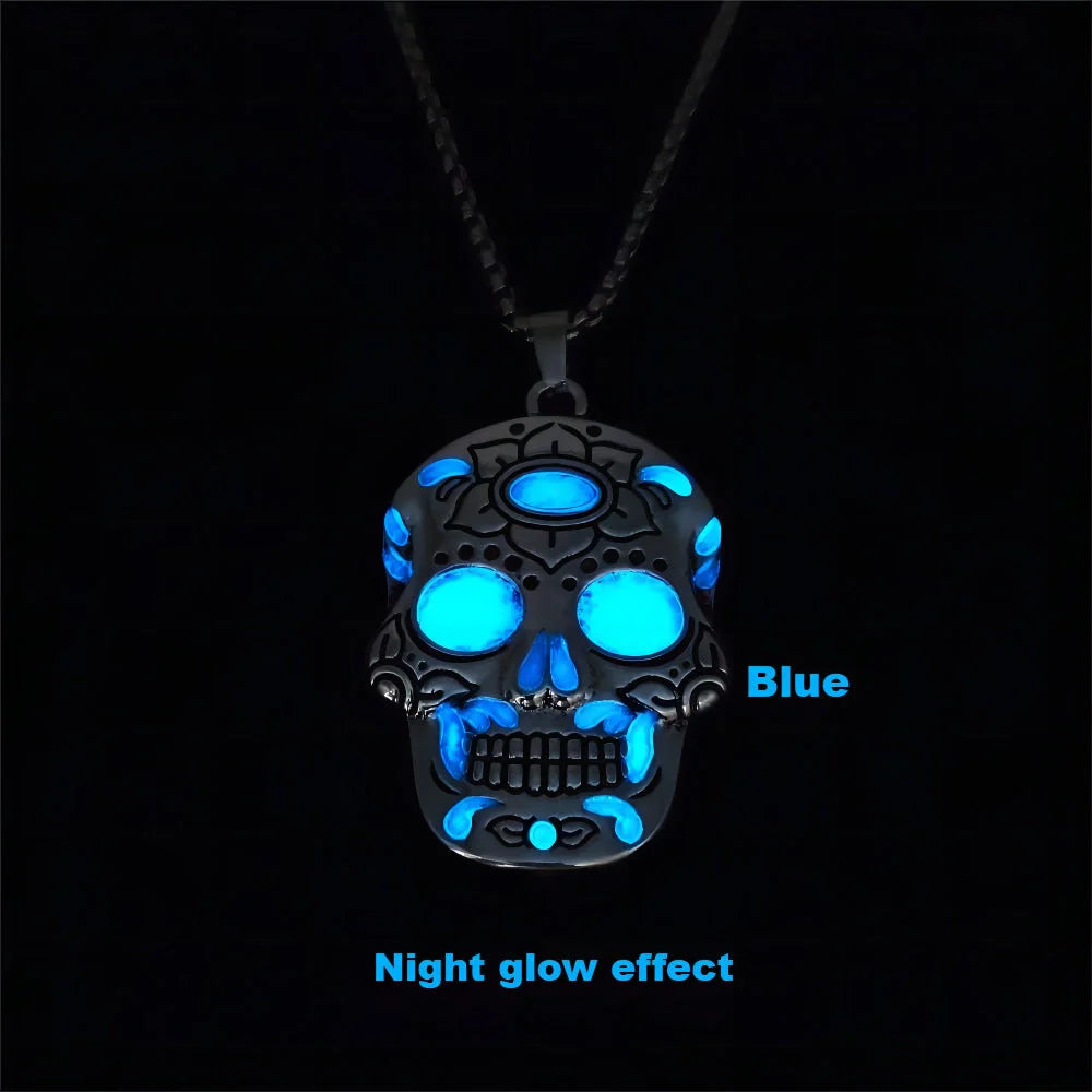 Halloween Luminous Skull Necklace with Day of the Dead Lotus Pattern