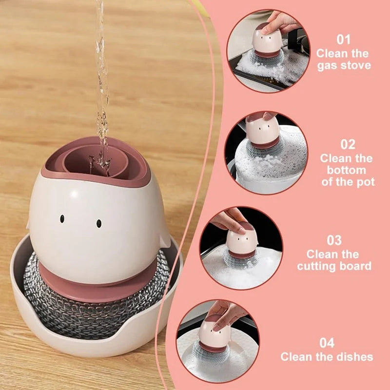Automatic liquid filling dishwashing brush with cute chicken design and replaceable head