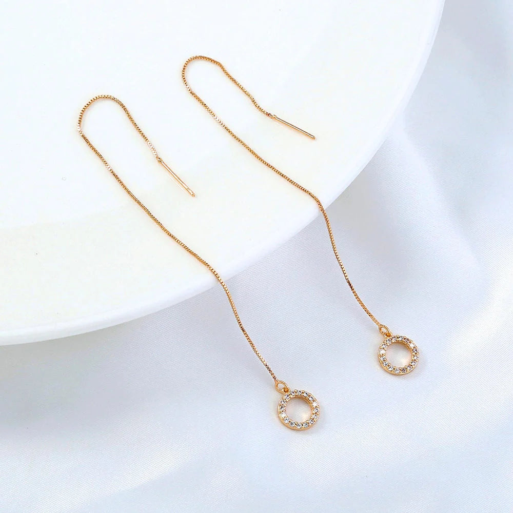 Gold Circle Long Tassel Ear Wire with sparkling zircon accents, perfect for any occasion