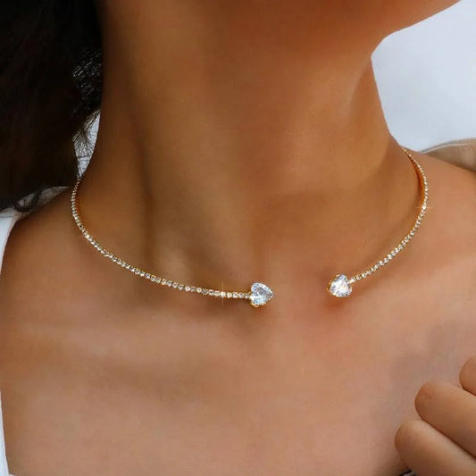 Elegant silver and gold rhinestone heart choker necklace for women