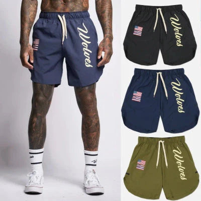 Men's casual running shorts in breathable wicking fabric, available in black, navy blue, wine red, and army green