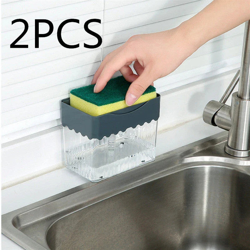 Sleek 2-in-1 soap dispenser and sponge caddy with push-button operation, modern design, and large 380ml capacity