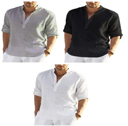 A stylish linen-blend men's casual shirt with a stand collar, button-down closure, and slim tailored fit
