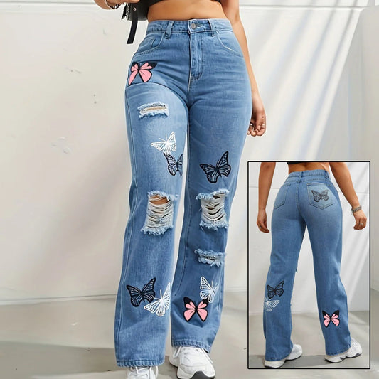 High-waisted straight leg jeans with trendy butterfly print, distressed detailing, and button closure for a stylish, flattering look.
