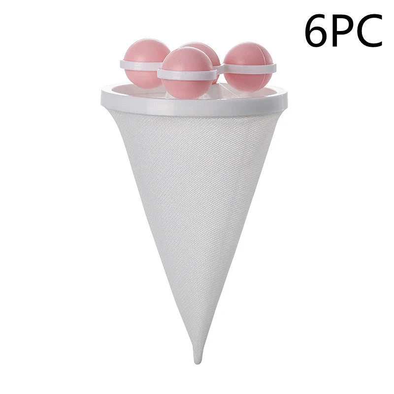 Gyroscopic Washing Machine Filter Pouch in purple, blue, and pink for lint and hair removal