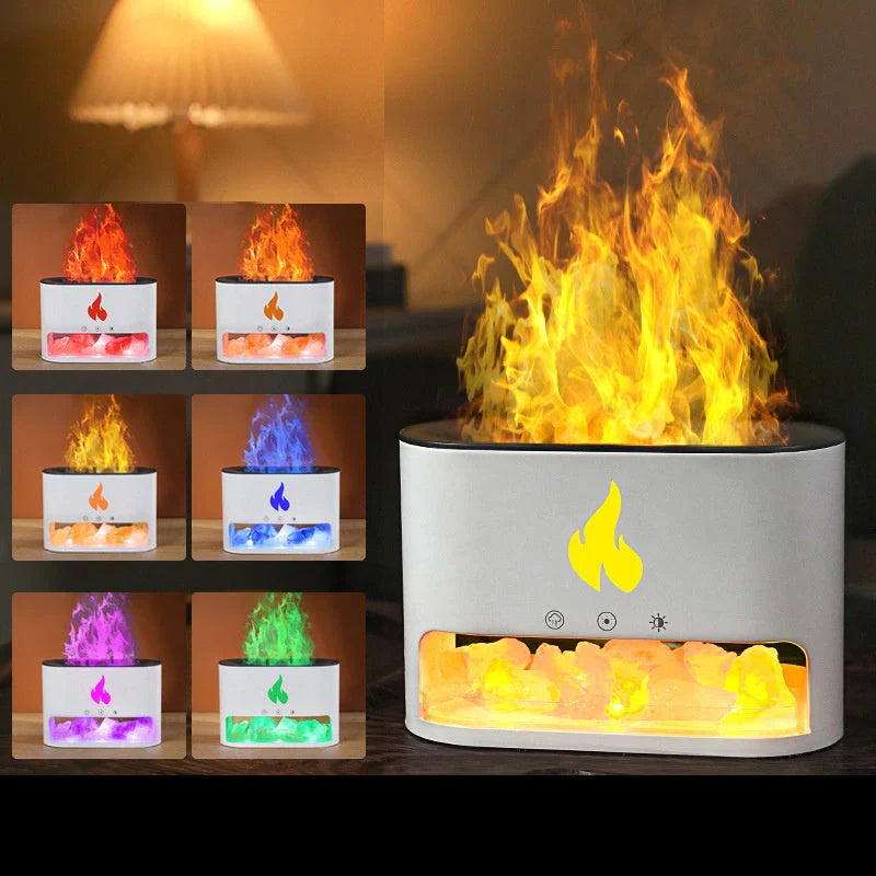 Flame Humidifier with 3D flame effect and aromatherapy function on desktop