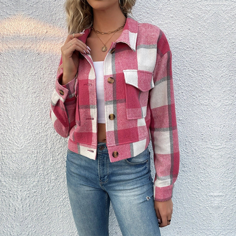 Plaid lapel cropped jacket for women with functional pockets in various colours