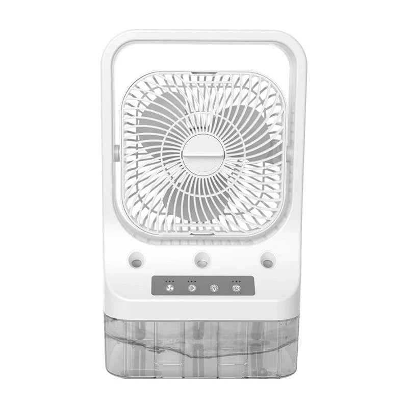 USB rechargeable cooling fan with water tank, adjustable airflow, and colorful night lights for enhanced indoor climate control