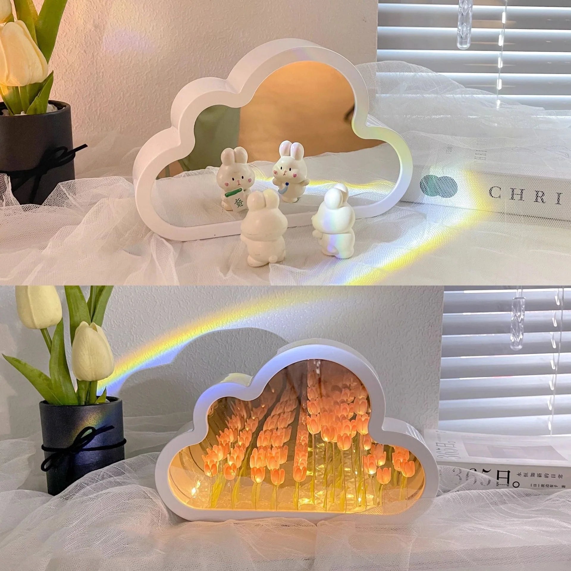 DIY Tulip Night Lamp in pink, purple, and blue with LED lights and decorative mirror feature