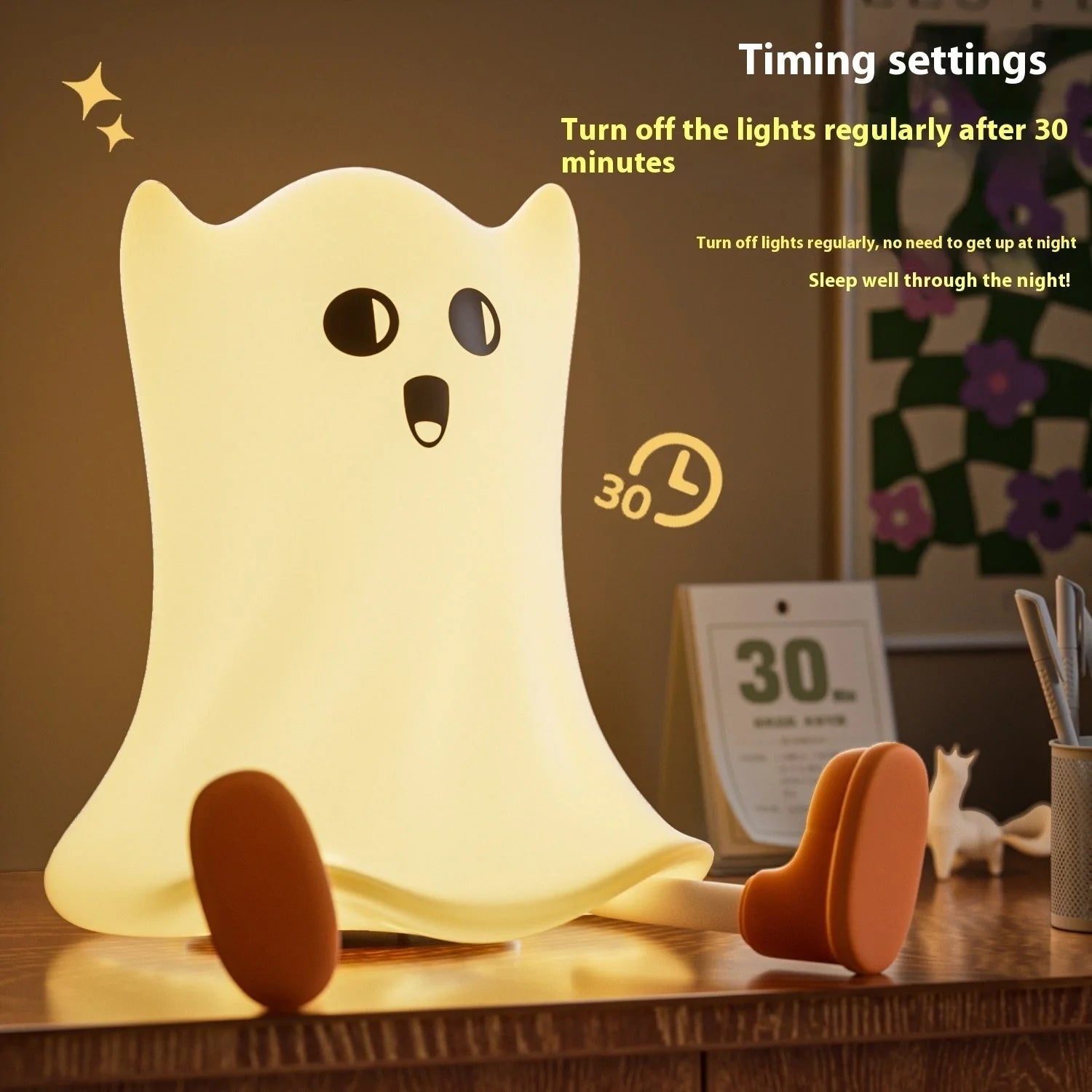 A Halloween-themed bedside lamp in the shape of a ghost, emitting a soft, calming glow.