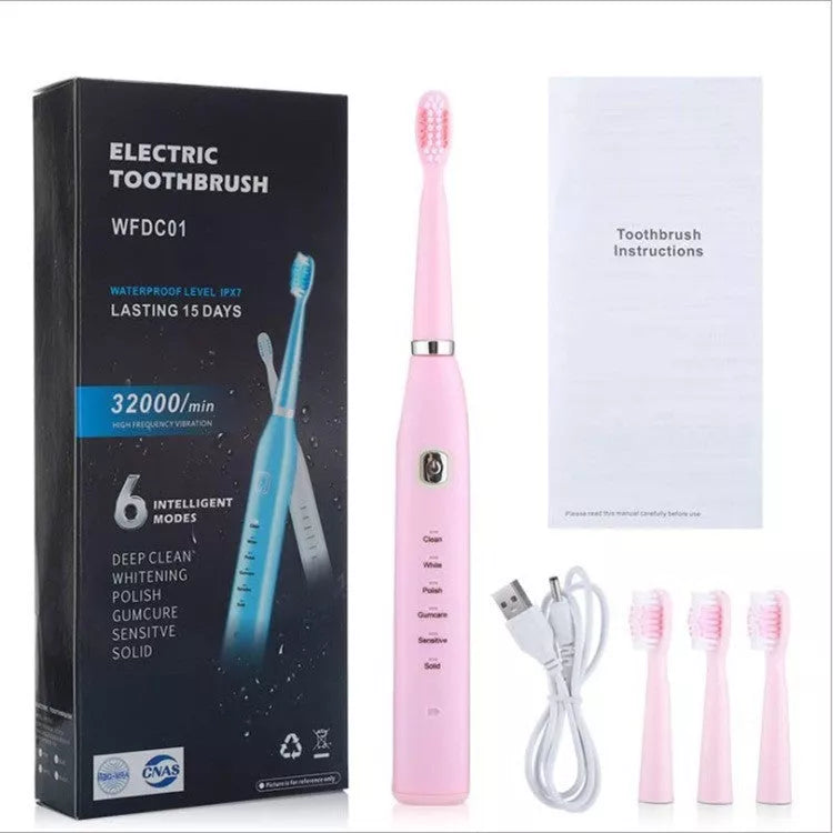 USB charging electric toothbrush in white, pink, and blue with multi-gear vibration