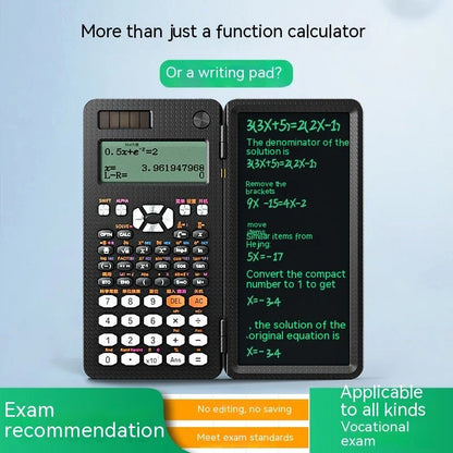 Versatile 2-in-1 scientific calculator and digital notepad with foldable design, LCD display, and intuitive button layout
