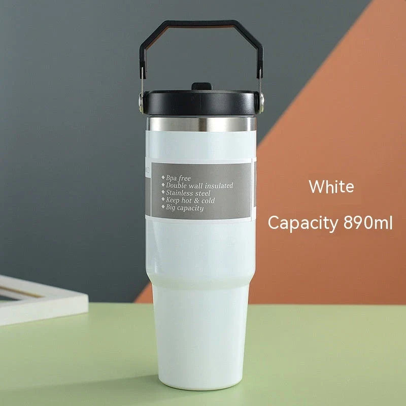 Stainless steel insulated tumbler with handle, available in multiple colors and sizes, designed to keep drinks hot or cold for hours.