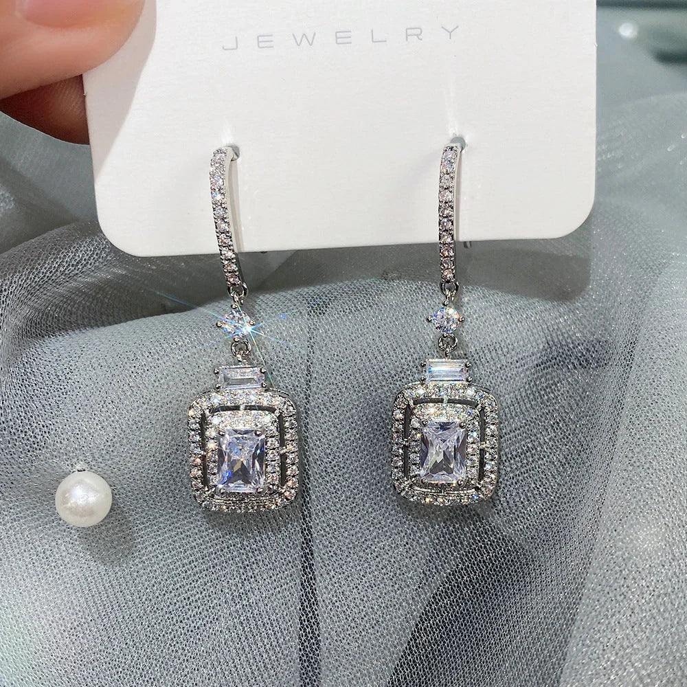 Platinum Princess Square Diamond Zircon Ear Hook in white gold