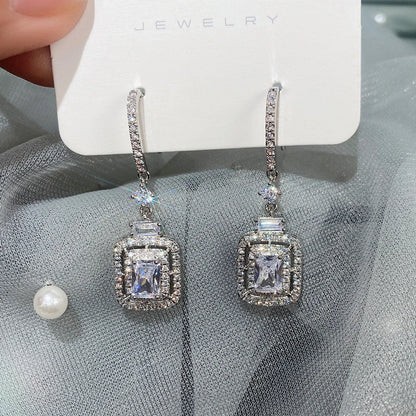 Platinum Princess Square Diamond Zircon Ear Hook in white gold