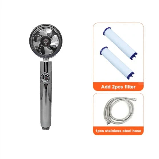 360-degree rotating high-pressure shower head with built-in fan and adjustable water spray