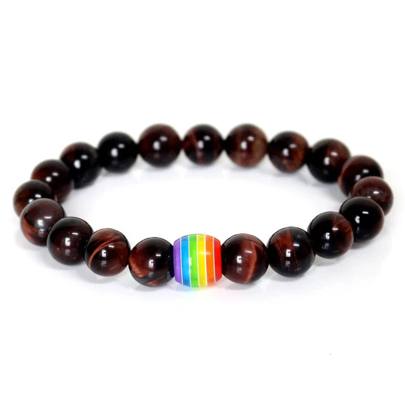 Pride Rainbow Bead Bracelet featuring natural stones in vibrant colours, perfect for unisex wear.