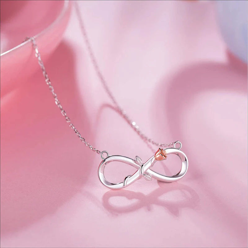 Double Fair Infinity Symbol Rose Necklace in S925 Silver, adjustable 21cm to 50cm