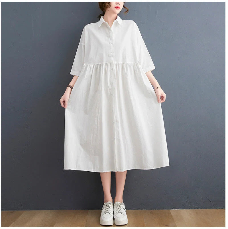 Casual linen short sleeve dress with polo collar in white and black
