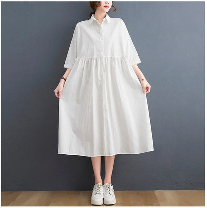 Casual linen short sleeve dress with polo collar in white and black