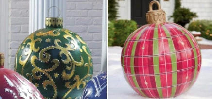 Inflatable Christmas baubles in various festive designs for outdoor holiday decoration