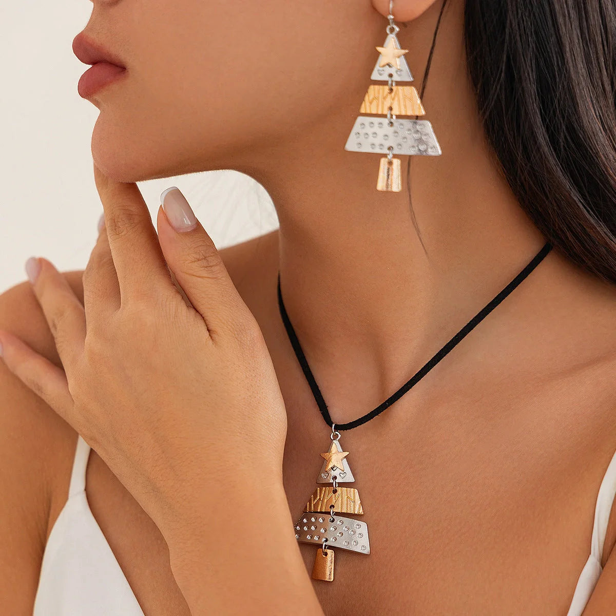 Christmas Tree Necklace and Earrings Set with unique star design
