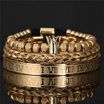 Men's stainless steel crown charm adjustable bracelet with zircon details