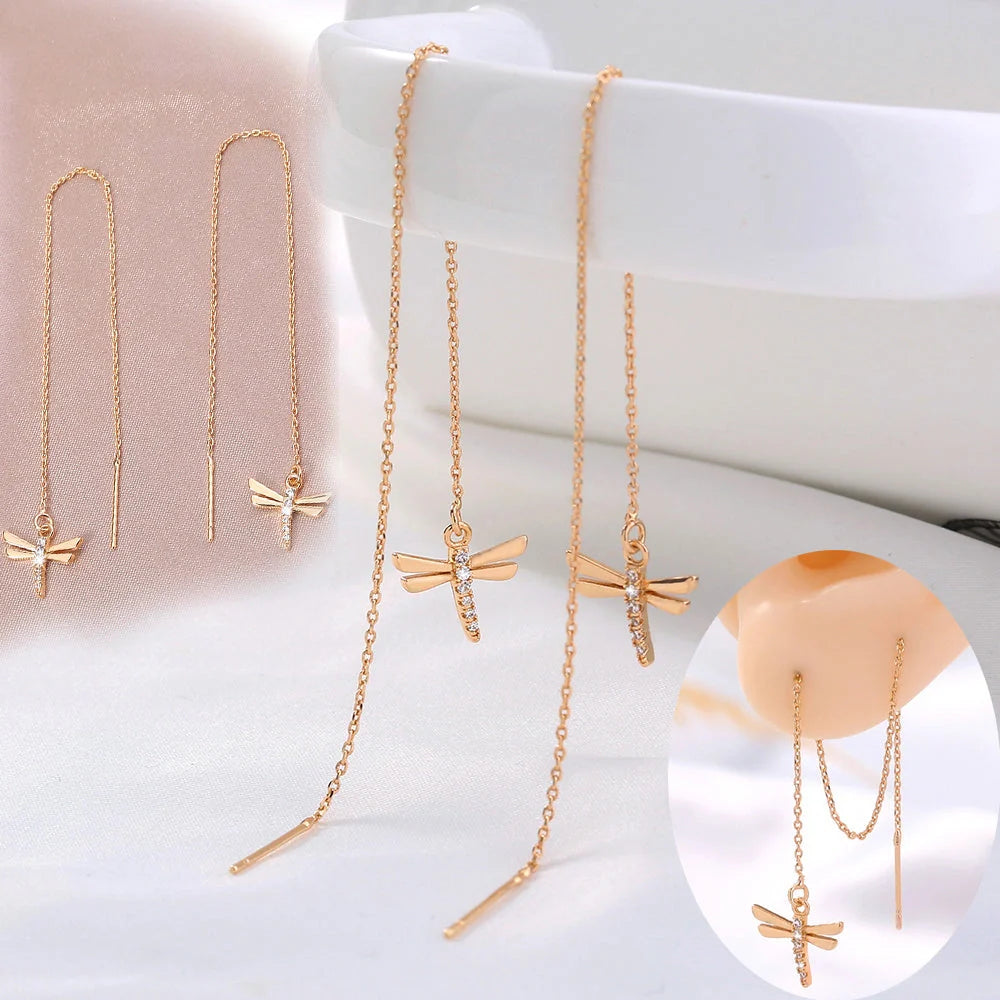 Gold Copper Dragonfly Earrings with Zircon Long Tassel - Elegant Fashion Jewelry