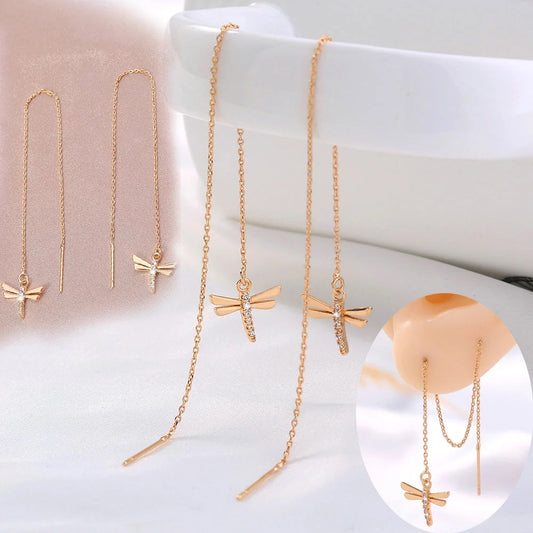 Gold Copper Dragonfly Earrings with Zircon Long Tassel - Elegant Fashion Jewelry