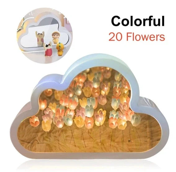 DIY Tulip Night Lamp in pink, purple, and blue with LED lights and decorative mirror feature