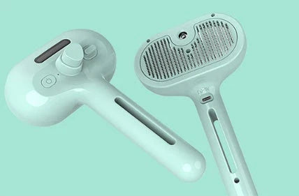 Versatile self-cleaning pet grooming brush with misting humidifier for removing tangles, mats, and loose fur from dogs and cats