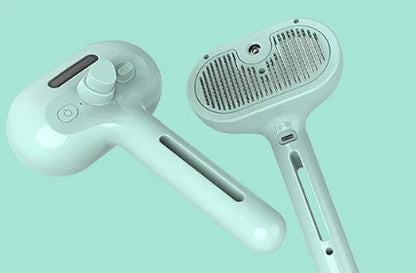 Versatile self-cleaning pet grooming brush with misting humidifier for removing tangles, mats, and loose fur from dogs and cats