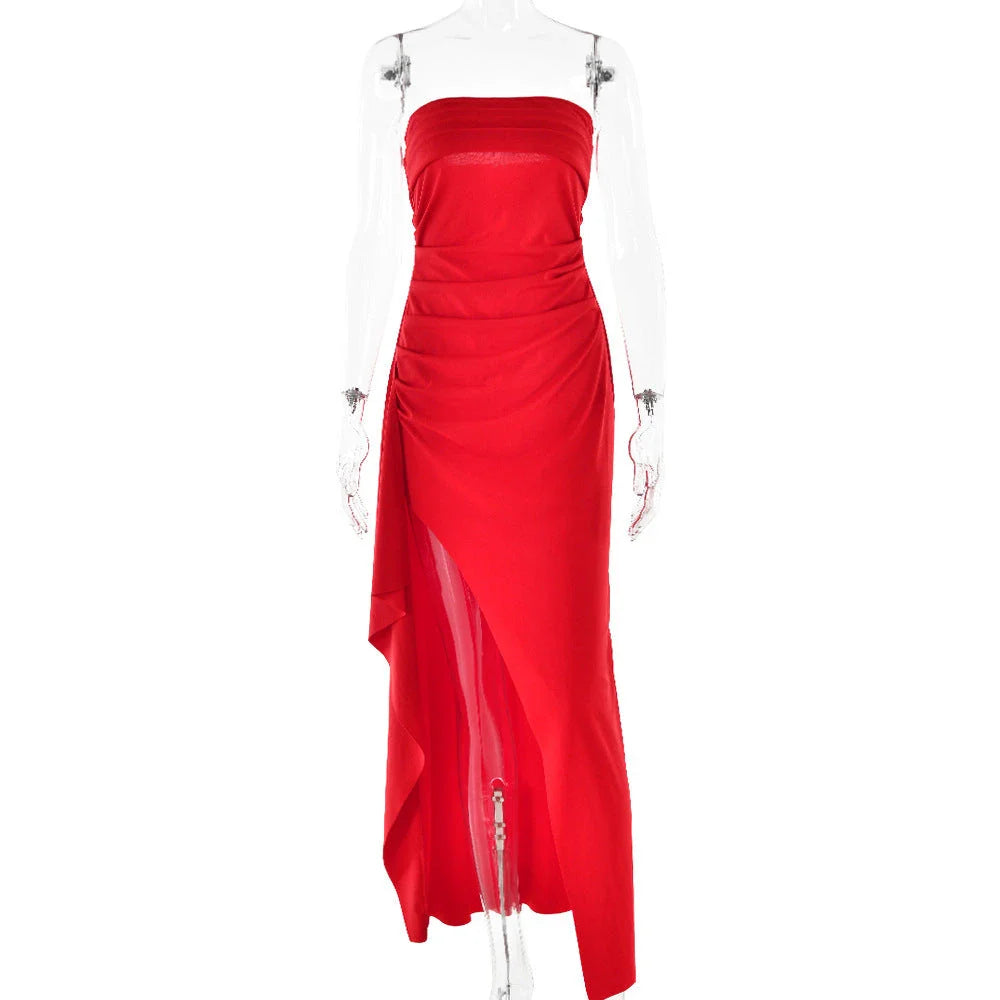 Stunning backless maxi dress in various colors, featuring a pleated A-line skirt and strapless silhouette for elegant occasions.