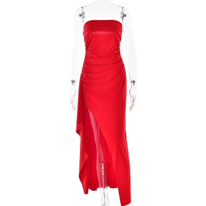 Stunning backless maxi dress in various colors, featuring a pleated A-line skirt and strapless silhouette for elegant occasions.