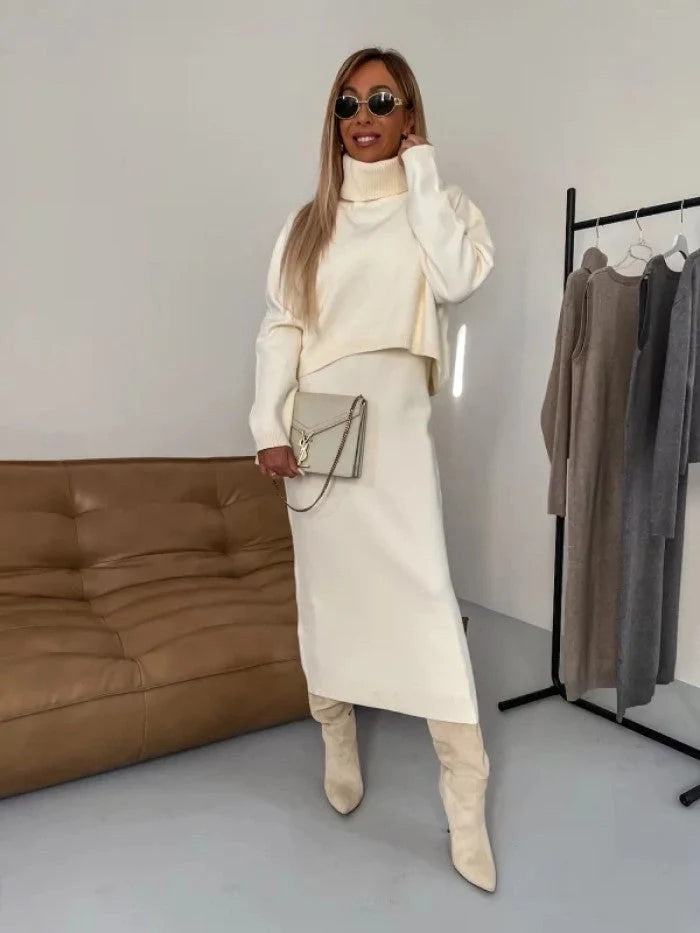 Women's winter turtleneck pullover and sleeveless long dress set in white, grey, and camel