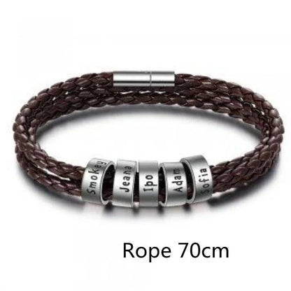 Personalized Leather Bracelet with Engraved Name Charm in Black and Brown Colors