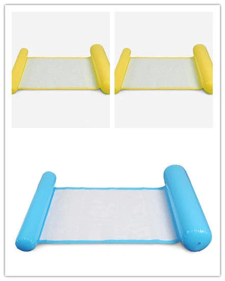 Inflatable water lounge chair in blue, floating in pool with hammock-style design