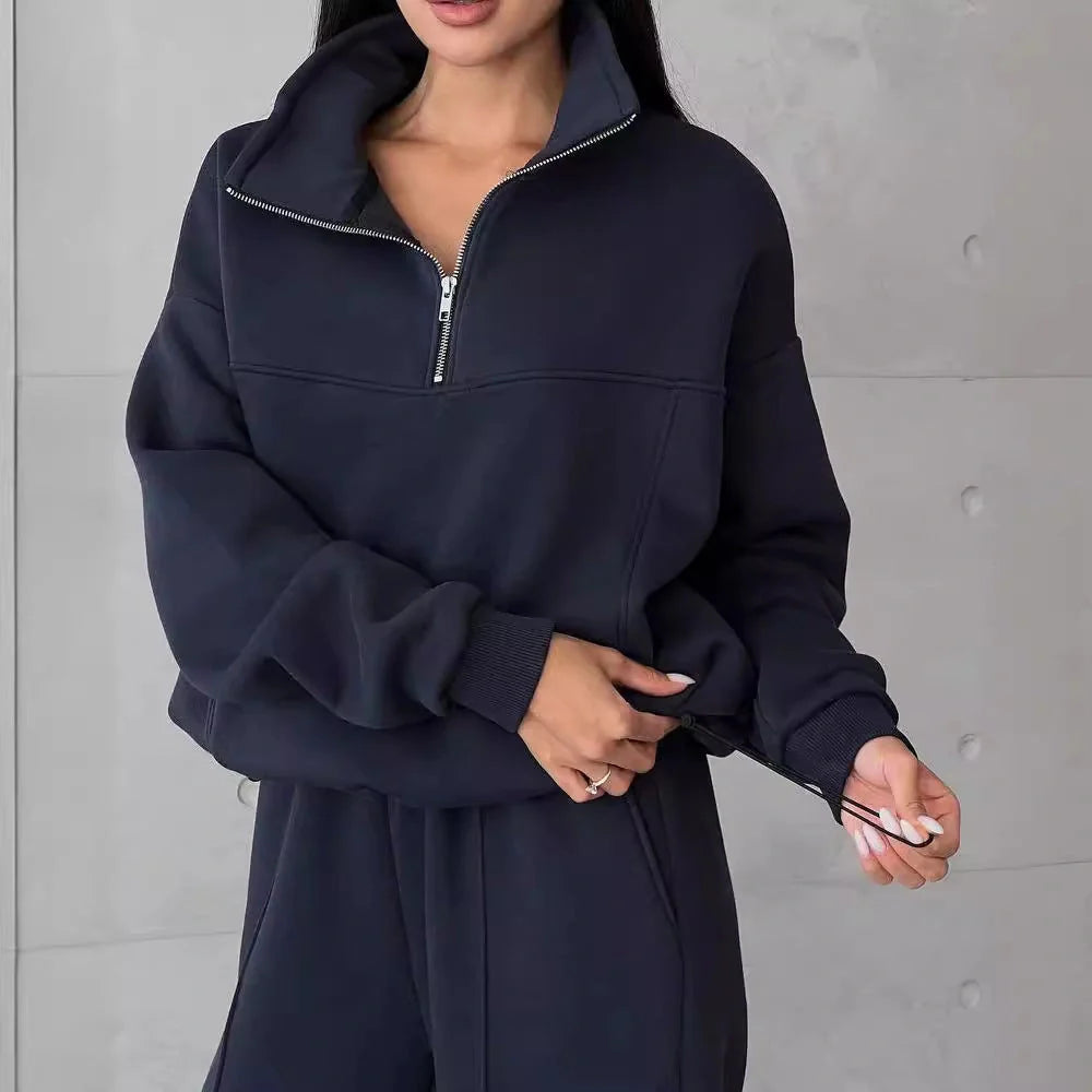 Stylish Y2K Women's Winter Jogging Two-Piece Set in apricot and navy blue