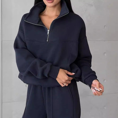 Stylish Y2K Women's Winter Jogging Two-Piece Set in apricot and navy blue