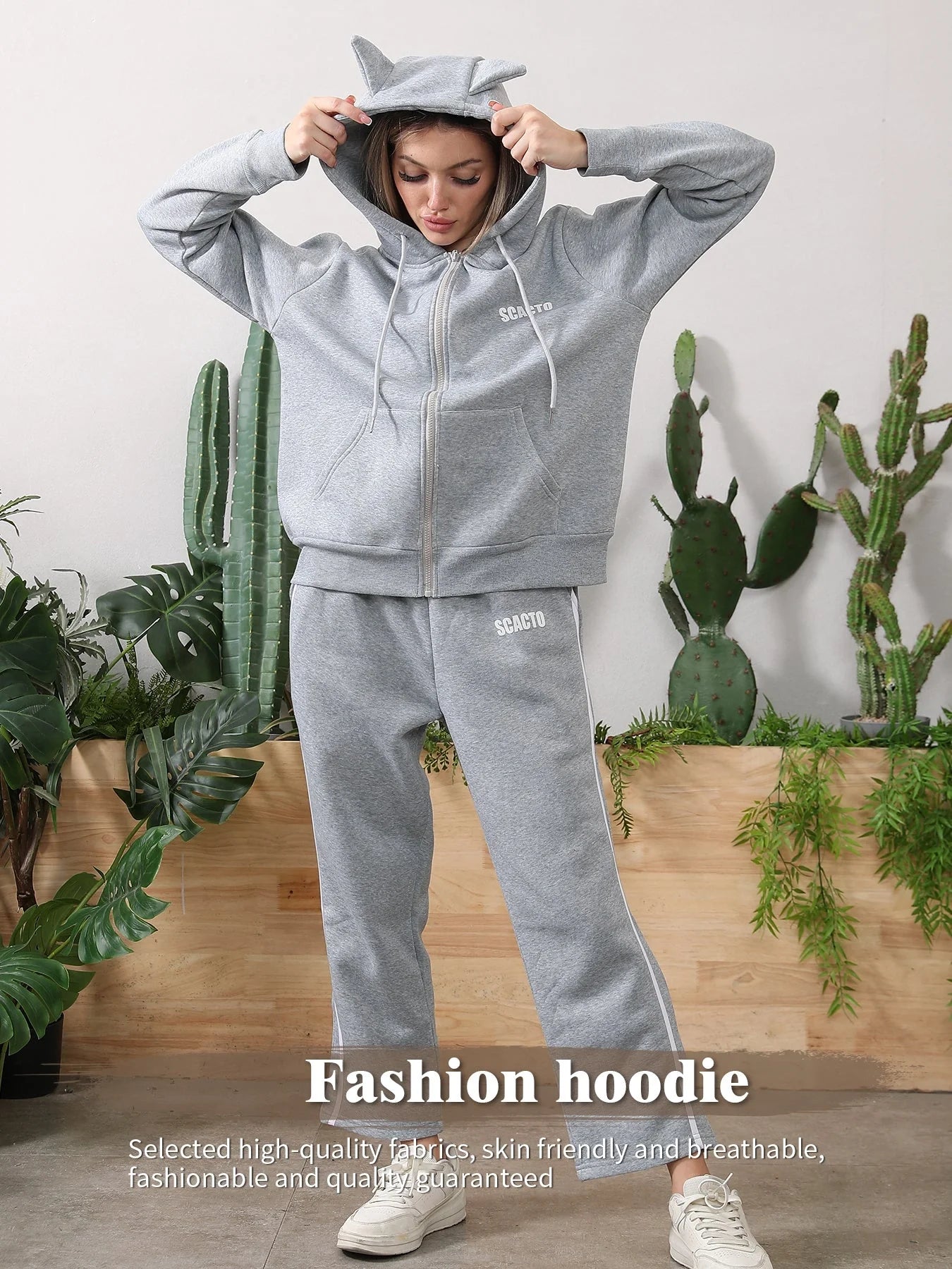 Women's Long Sleeved Hoodie Set in black and grey