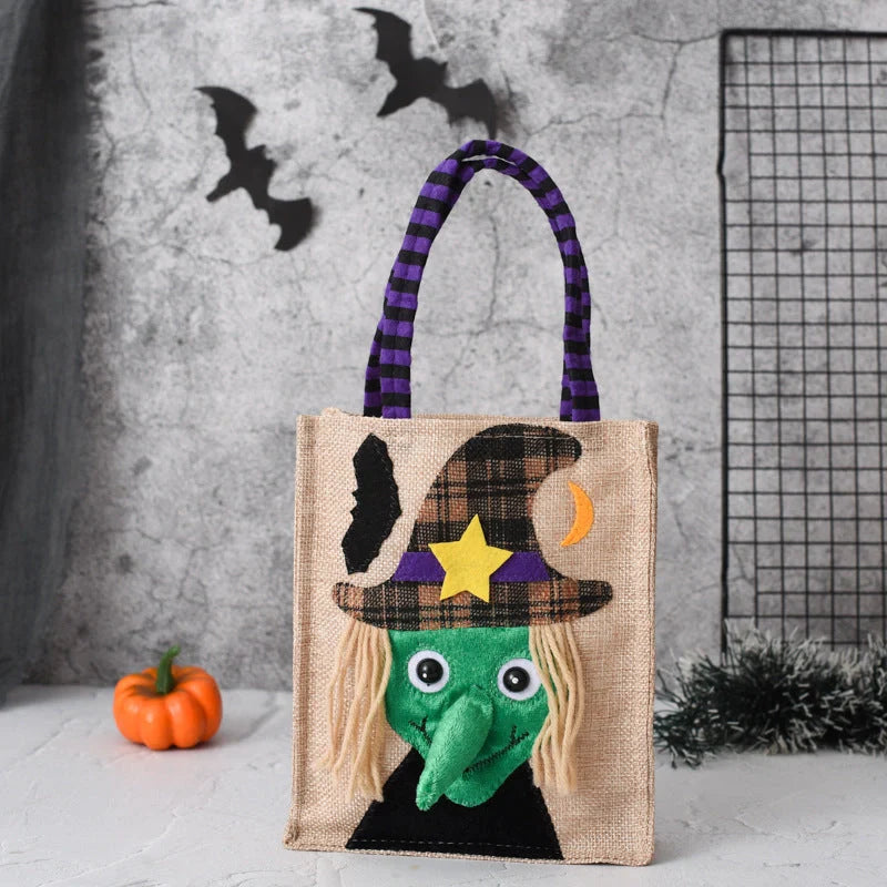 Halloween themed tote bag for kids featuring witch, skull, and pumpkin designs