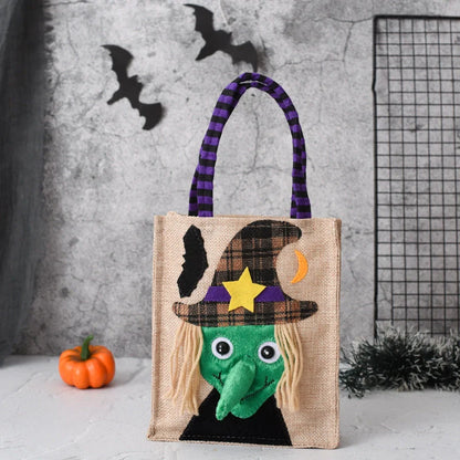 Halloween themed tote bag for kids featuring witch, skull, and pumpkin designs